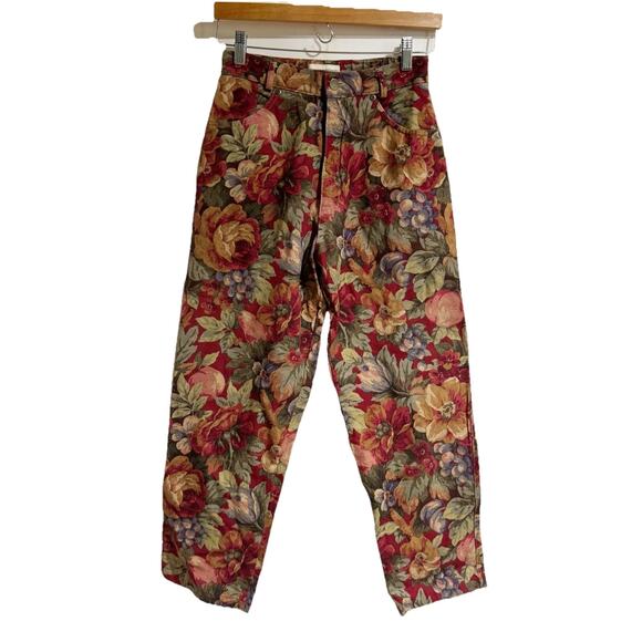 Gotcha Covered Women Size 6 Red Floral Denim High Rise Wide Leg Pants 90s - Picture 1 of 5